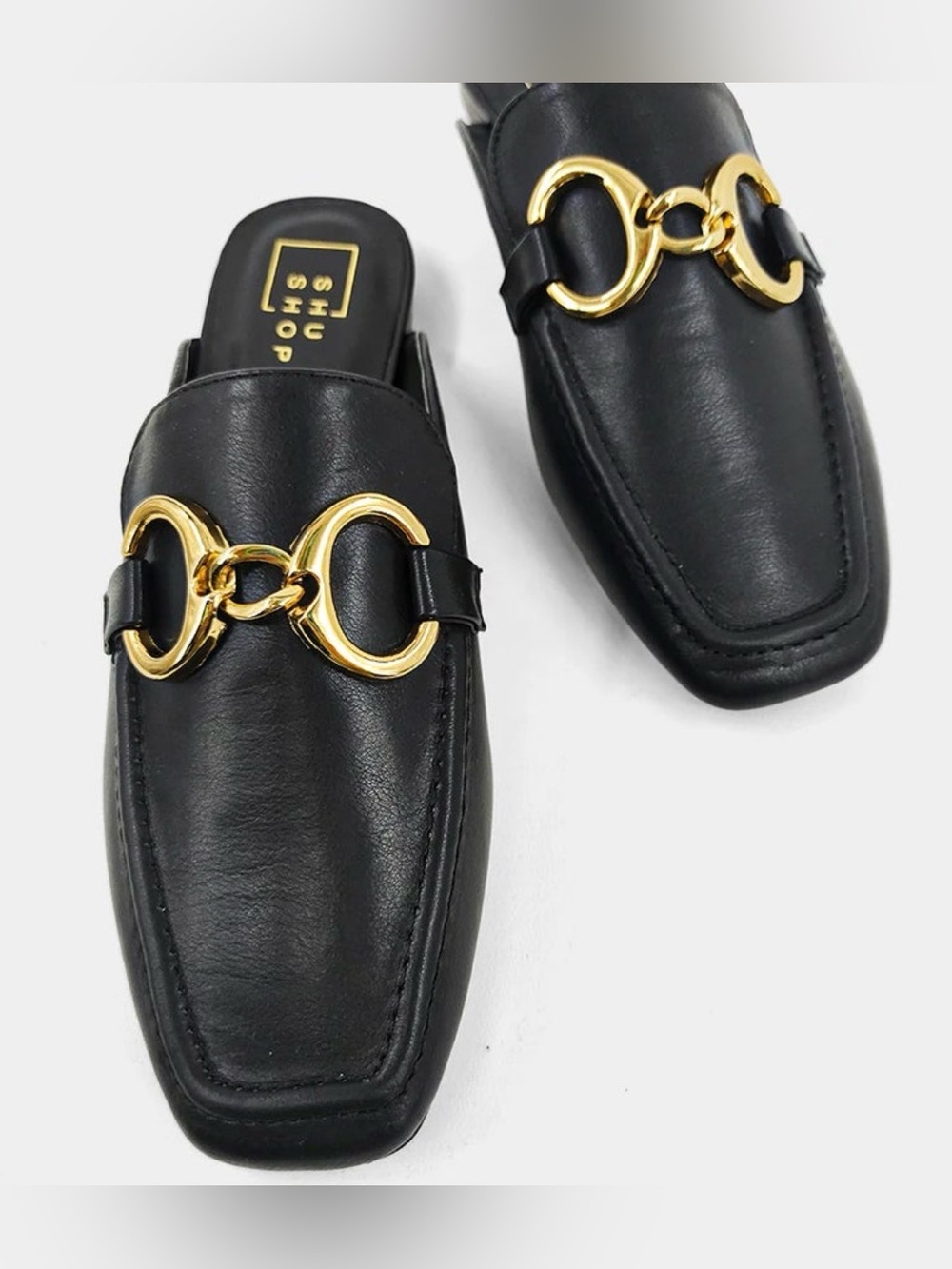 ShuShop Andromeda Black Leather Mules with Gold Link Accent